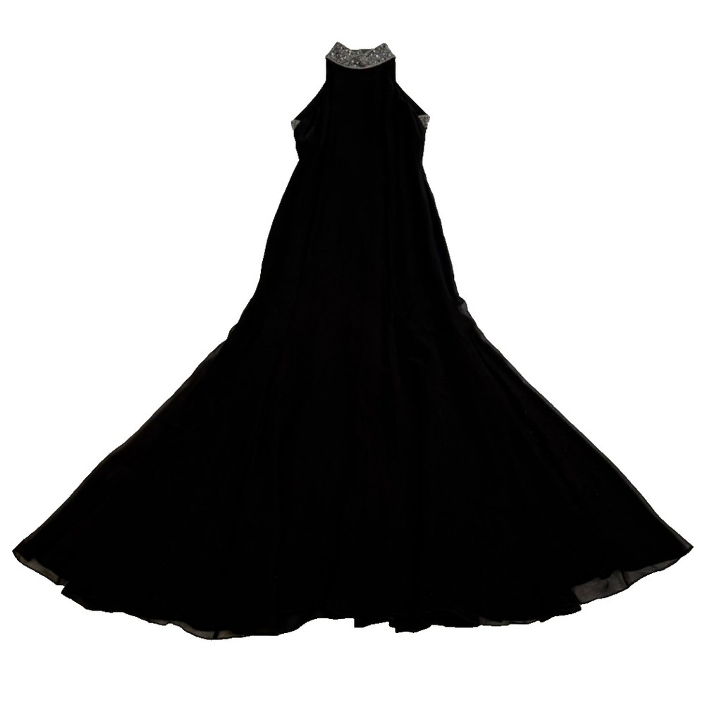 Vtg Oleg Cassini 100% Silk Black Rhinestone Seed Bead High Neck Halter Gown Size